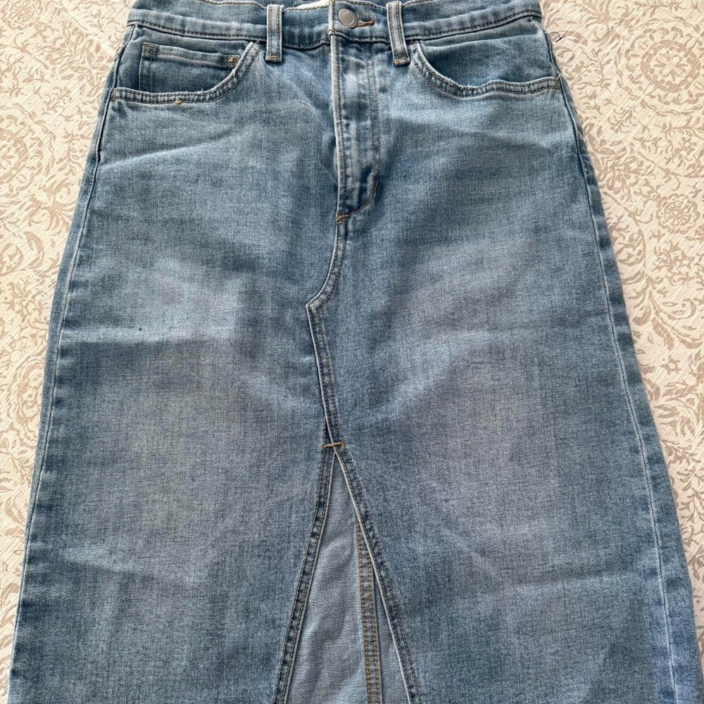 joes jeans blue denim midi raw hem slit skirt sz 26 cowgirl western boho chic